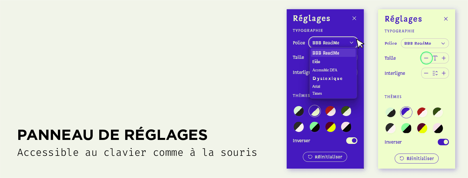 Maquette du panneau de réglages affichant les options de personnalisation illustrée avec un curseur de souris et un indicateur de focus au clavier visible