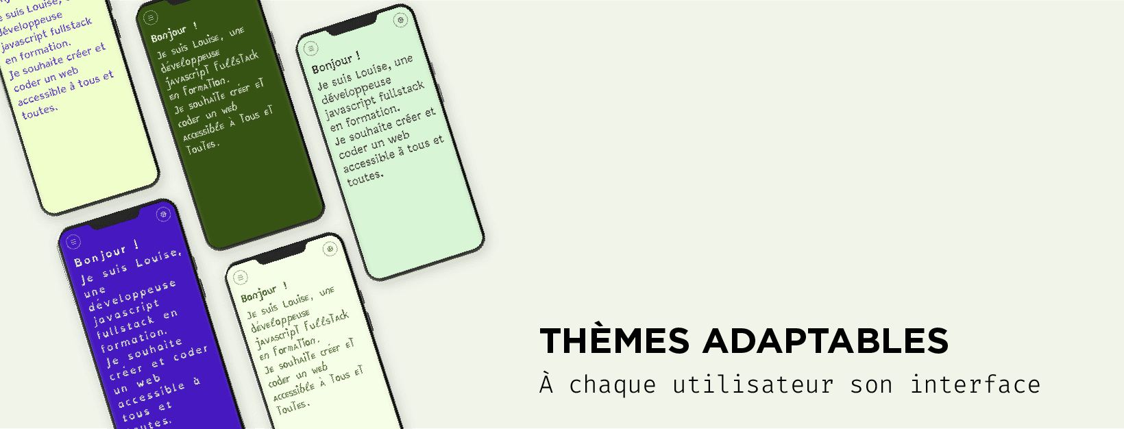 Plusieurs écrans de smartphones illustrant le portfolio avec différentes combinaisons de thèmes de couleurs et de polices de caractères